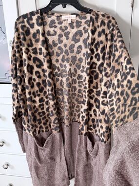 Leopard Print Open-Front Cardigan with Taupe Panel by Joyfolie
